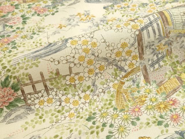 平和屋着物▼小紋 反物 着尺 作家物 数奇屋造 紬地 風景花松文 逸品 未使用 DABJ9542we