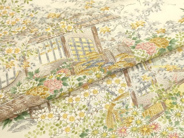 平和屋着物▼小紋 反物 着尺 作家物 数奇屋造 紬地 風景花松文 逸品 未使用 DABJ9542we