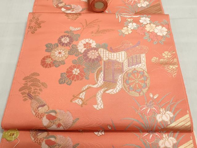 平和屋着物▼西陣 名古屋帯 帯反物 御所車花鳥文 証紙付き 逸品 未使用 DABJ9674we