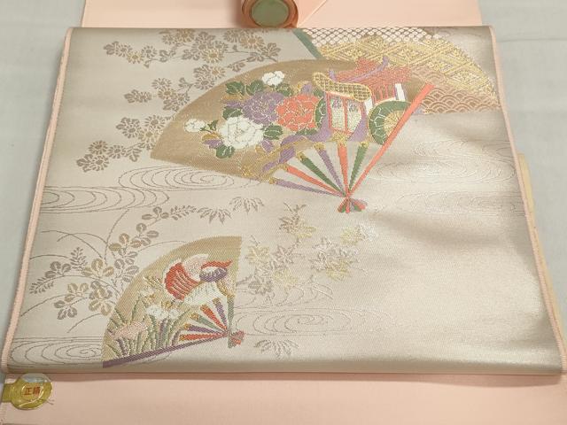 平和屋着物▼西陣 名古屋帯 帯反物 御所車扇花文 金銀糸 証紙付き 逸品 未使用 DABJ9676we