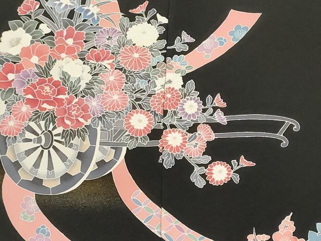平和屋着物▼羽織・コート 反物 羽尺 花車文 黒地 金彩 逸品 未使用 DABJ9781we