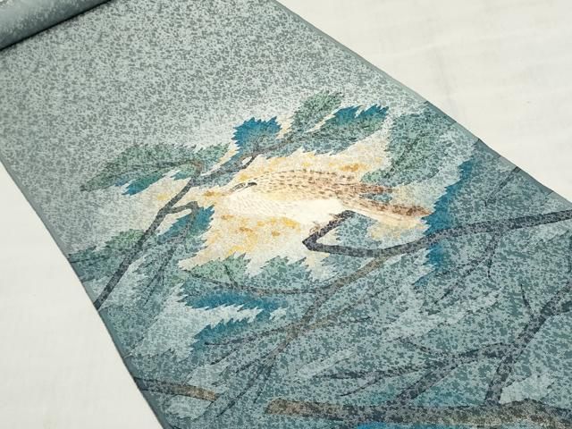 平和屋着物●名古屋帯 帯反物 作家物 鷹 鷲 枝に休み鳥 銀通し地 逸品 未使用 DABJ9888we