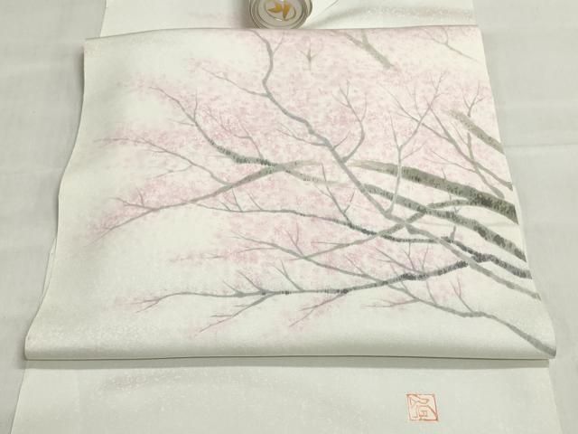 平和屋着物●塩瀬 名古屋帯 帯反物 枝桜文 逸品 未使用 DABJ9914we