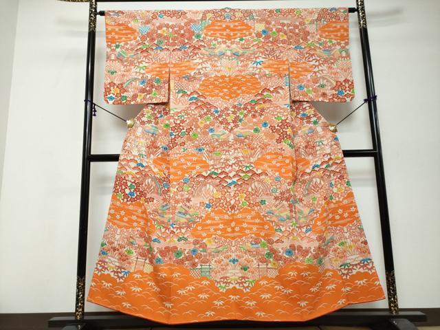 平和屋着物●訪問着 型染め 風景草花文 正絹 逸品 DABK0002ud