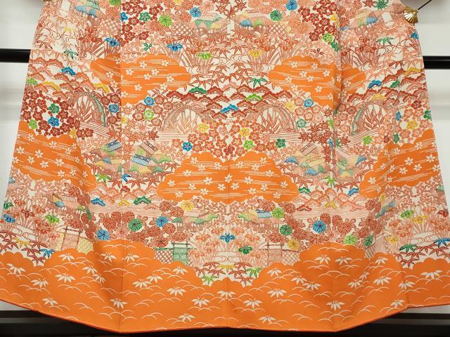 平和屋着物●訪問着 型染め 風景草花文 正絹 逸品 DABK0002ud
