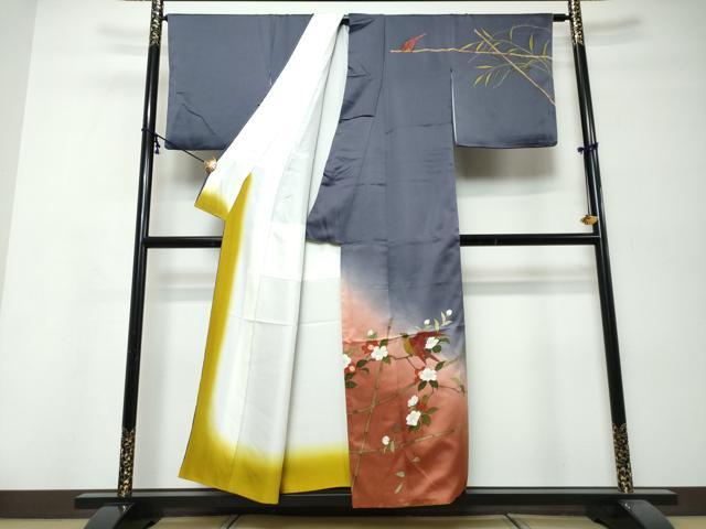 平和屋着物●二代目清次郎 手描き 訪問着 花鳥文 暈し染め 金彩 正絹 逸品 DABK0011ud