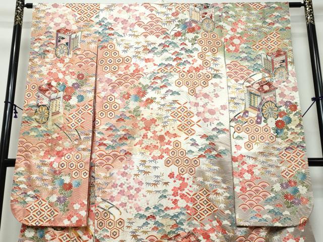 平和屋着物●豪華振袖 駒刺繍 御所車草花文 暈し染め 金彩 正絹 逸品 DABK0013ud