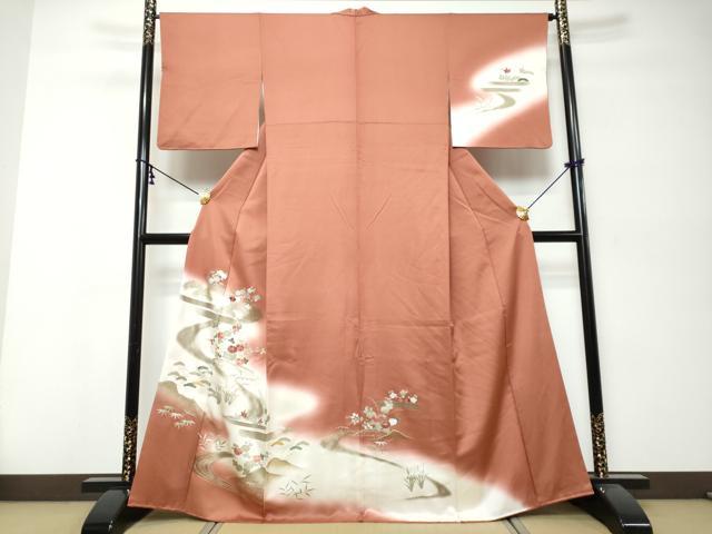 平和屋着物●訪問着 流水草花籬文 暈し染め 金銀彩 正絹 逸品 DABK0021ud
