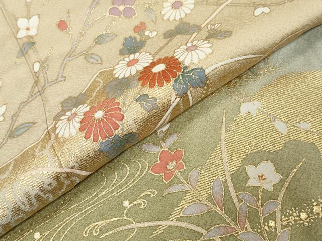平和屋着物●訪問着 屏風草花文 暈し染め 金彩 正絹 逸品 DABK0022ud