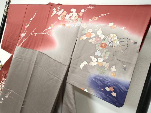平和屋着物●訪問着 駒刺繍 扇面草花籬文 暈し染め 金銀彩 正絹 逸品 DABK0029ud
