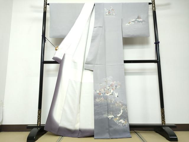 平和屋着物●訪問着 流水飛鶴草花文 暈し染め 金彩 正絹 逸品 DABK0042ud