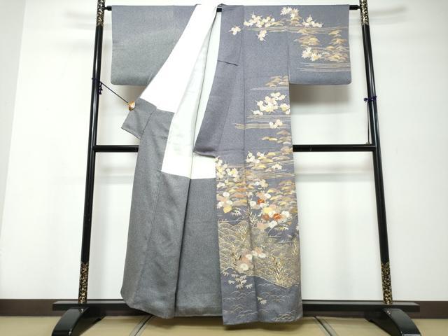 平和屋着物●訪問着 駒刺繍 流水草花文 金彩 正絹 逸品 DABK0046ud