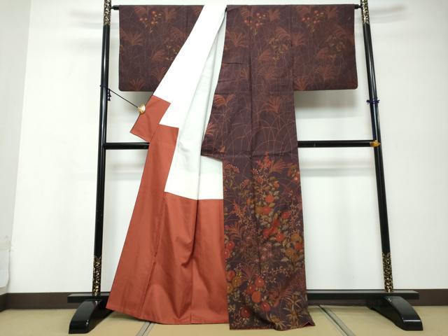 平和屋着物●訪問着 紬地 草花文 金彩 正絹 逸品 DABK0063ud