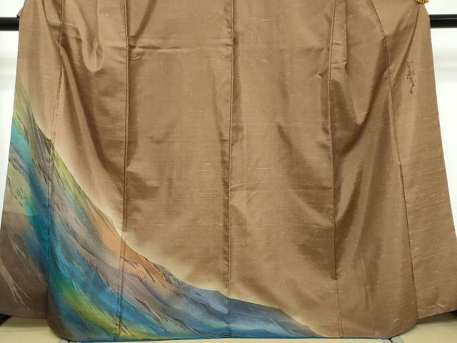 平和屋着物●染色作家 斉藤三才 訪問着 紬地 遠山風景文 暈し染め 正絹 逸品 DABK0160ud