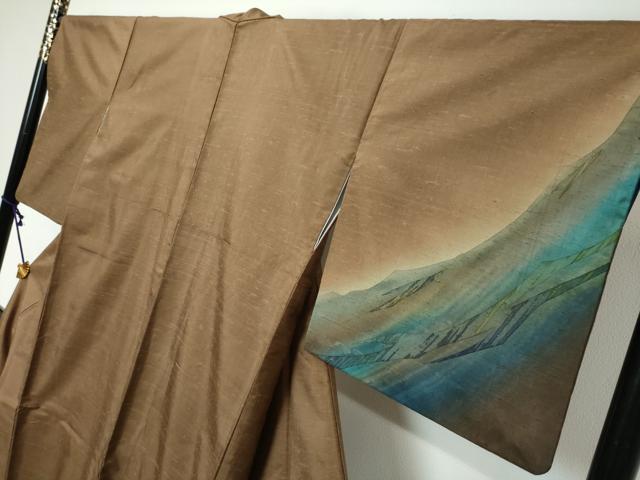平和屋着物●染色作家 斉藤三才 訪問着 紬地 遠山風景文 暈し染め 正絹 逸品 DABK0160ud