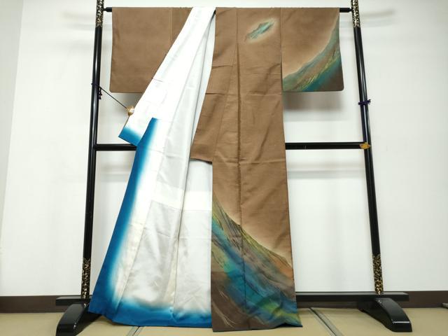 平和屋着物●染色作家 斉藤三才 訪問着 紬地 遠山風景文 暈し染め 正絹 逸品 DABK0160ud