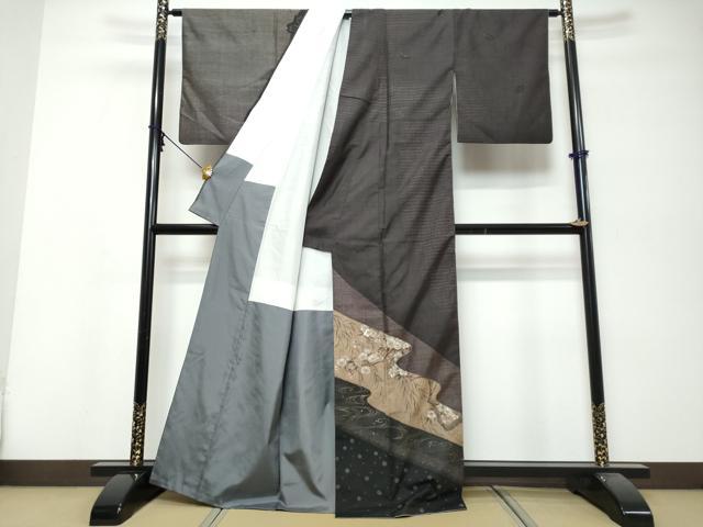 平和屋着物●本場大島紬 訪問着 手描き 9マルキ 流水草花文 正絹 逸品 DABK0170ud