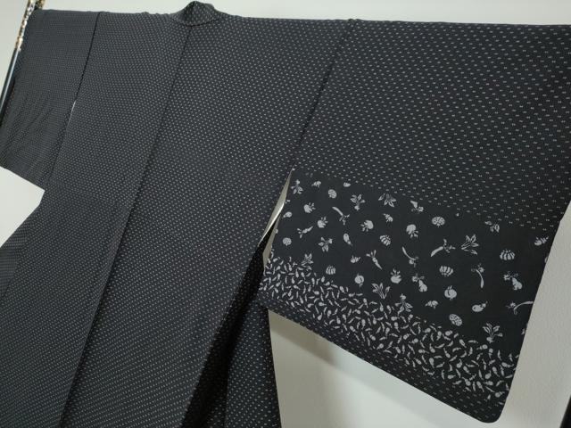 平和屋着物●訪問着 炭山工房 横段文 野菜 黒地 正絹 逸品 DABK0205ud