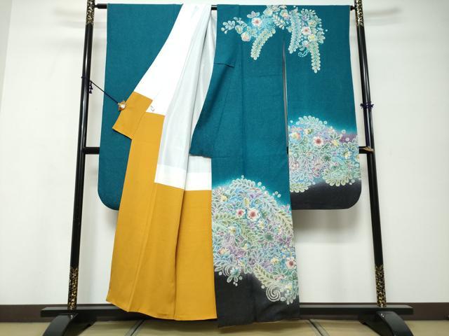 平和屋着物●豪華振袖・長襦袢(無双仕立て)セット 辻が花 暈し染め 金通し地 半衿刺繍 正絹 逸品 DABK0211ud