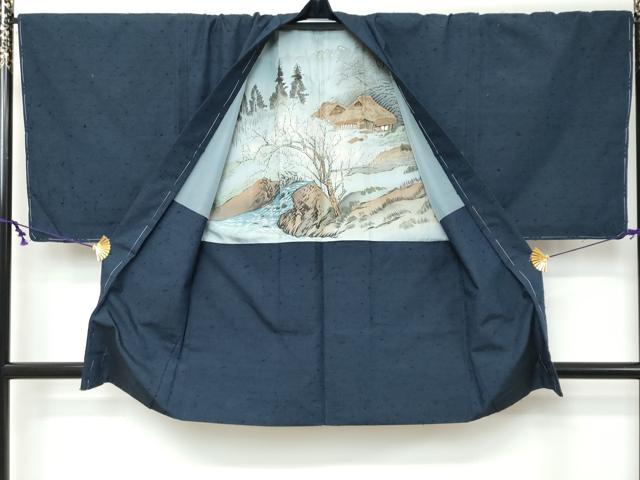 平和屋着物●男性 髭紬 アンサンブル 濃藍色 正絹 逸品 未使用 DABK0212ud