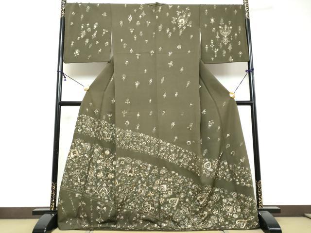 平和屋着物●訪問着 総刺繍 更紗洋花文 金糸 正絹 逸品 DABK0243ud