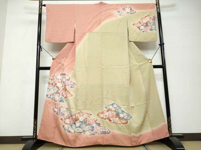 平和屋着物●訪問着 絞り 雲取草花文 暈し染め 金彩 正絹 逸品 DABK0283ud