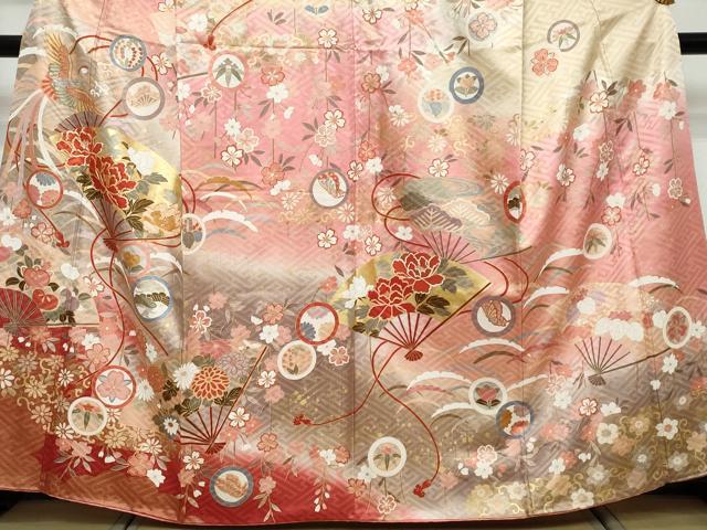 平和屋着物●訪問着 駒刺繍 扇面花蝶文 暈し染め 金彩 正絹 逸品 DABK0293ud