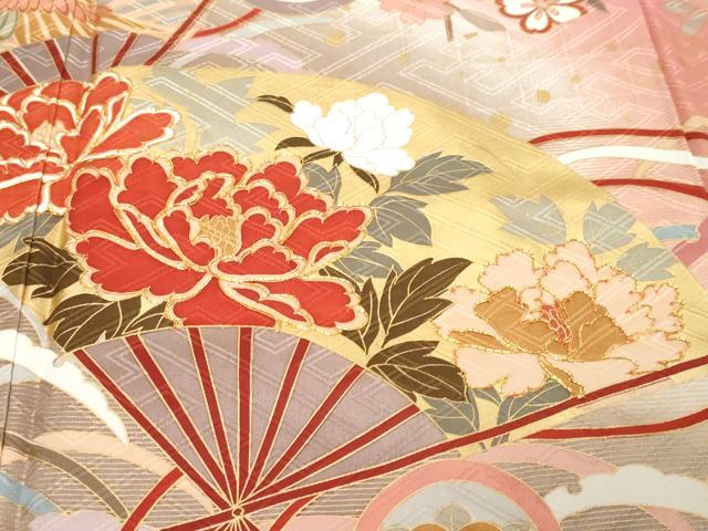 平和屋着物●訪問着 駒刺繍 扇面花蝶文 暈し染め 金彩 正絹 逸品 DABK0293ud