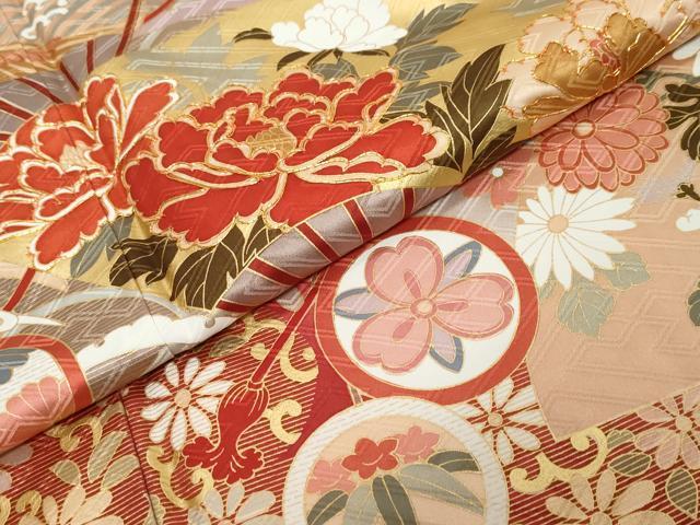 平和屋着物●訪問着 駒刺繍 扇面花蝶文 暈し染め 金彩 正絹 逸品 DABK0293ud