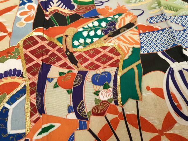 平和屋本店●アンティーク 大正ロマン 振袖 駒刺繍 扇面御所車草花文 黒地 金彩 正絹 逸品 DABK0300ud
