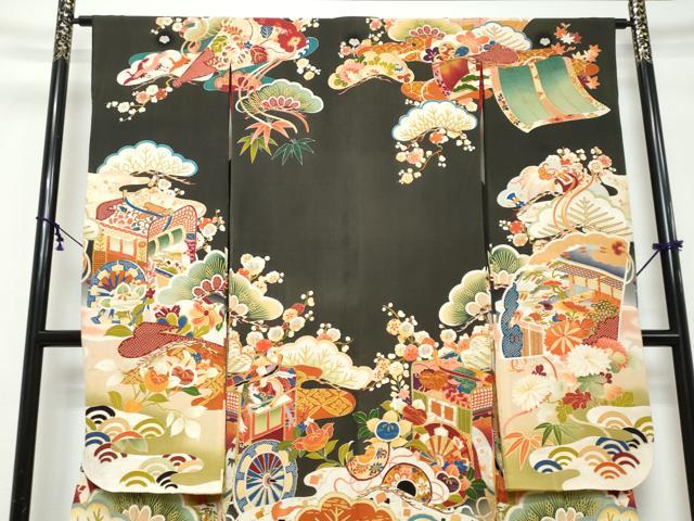 平和屋本店●アンティーク 大正ロマン 振袖 駒刺繍 御所車鳳凰草花文 黒地 正絹 逸品 DABK0301ud