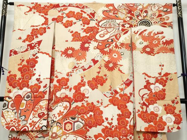 平和屋本店●アンティーク 大正ロマン 振袖 駒刺繍 草花文 金彩 正絹 逸品 DABK0302ud