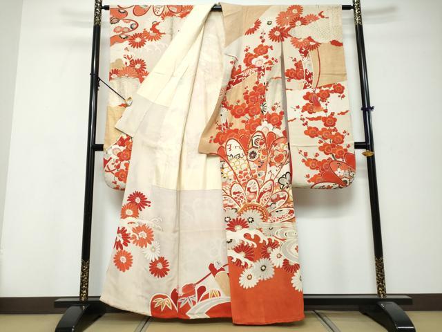 平和屋本店●アンティーク 大正ロマン 振袖 駒刺繍 草花文 金彩 正絹 逸品 DABK0302ud