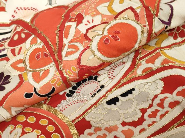 平和屋本店●アンティーク 大正ロマン 振袖 駒刺繍 草花文 金彩 正絹 逸品 DABK0302ud