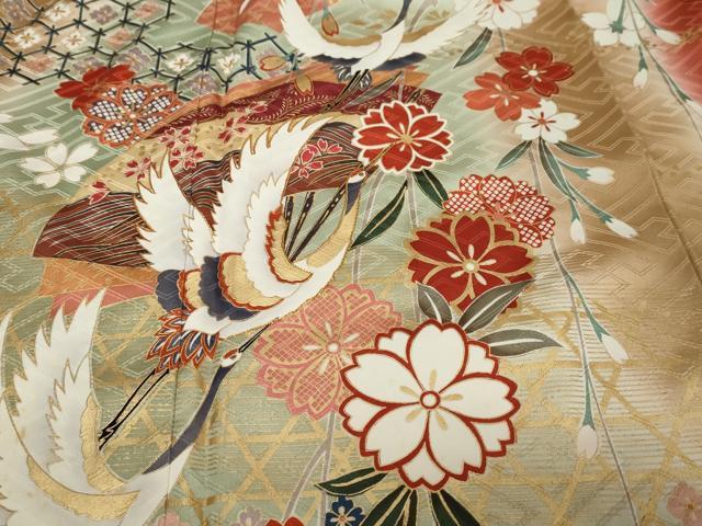平和屋着物●谷崎潤一郎の世界 振袖 駒刺繍 扇面飛鶴花文 暈し染め 金彩 正絹 逸品 DABK0309ud