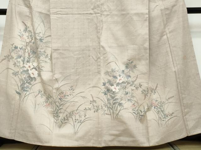 平和屋着物●訪問着 作家物 紬地 手描き 草花文 正絹 逸品 DABK0313ud