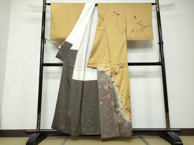 平和屋着物●訪問着 駒刺繍 扇面草花文 暈し染め 金彩 正絹 逸品 DABK0321ud