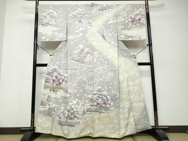 平和屋着物●訪問着 駒刺繍 流水風景草花文 暈し染め 金彩 正絹 逸品 DABK0324ud