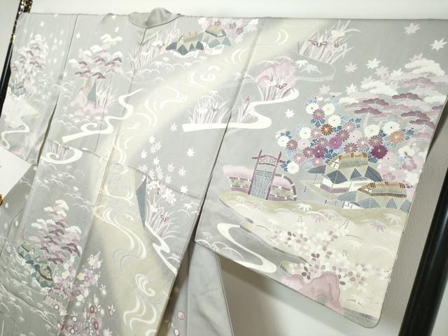 平和屋着物●訪問着 駒刺繍 流水風景草花文 暈し染め 金彩 正絹 逸品 DABK0324ud