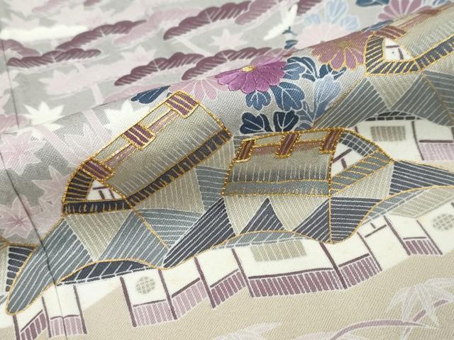 平和屋着物●訪問着 駒刺繍 流水風景草花文 暈し染め 金彩 正絹 逸品 DABK0324ud