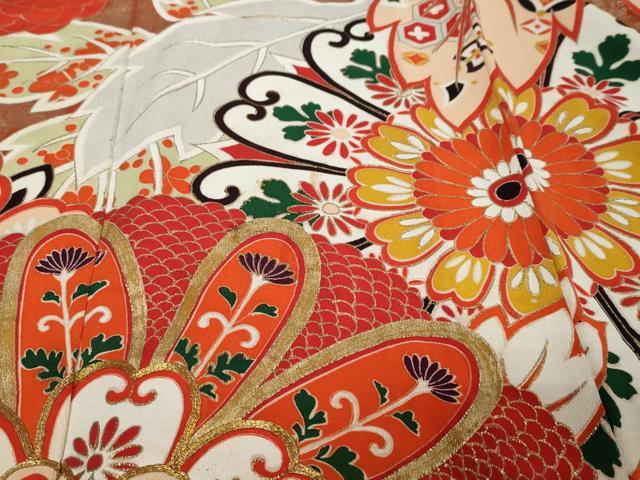 平和屋本店●アンティーク 大正ロマン 振袖 駒刺繍 草花文 金彩 正絹 逸品 DABK0335ud