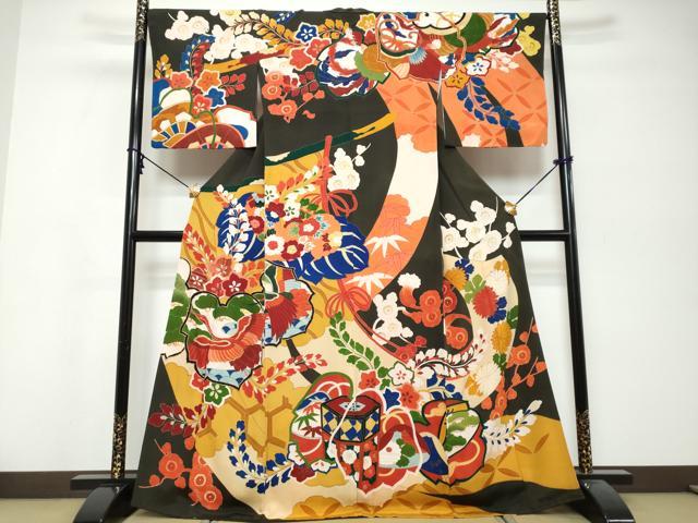 平和屋着物●アンティーク 大正ロマン 訪問着 駒刺繍 飛鶴草花文 正絹 逸品 DABK0336ud