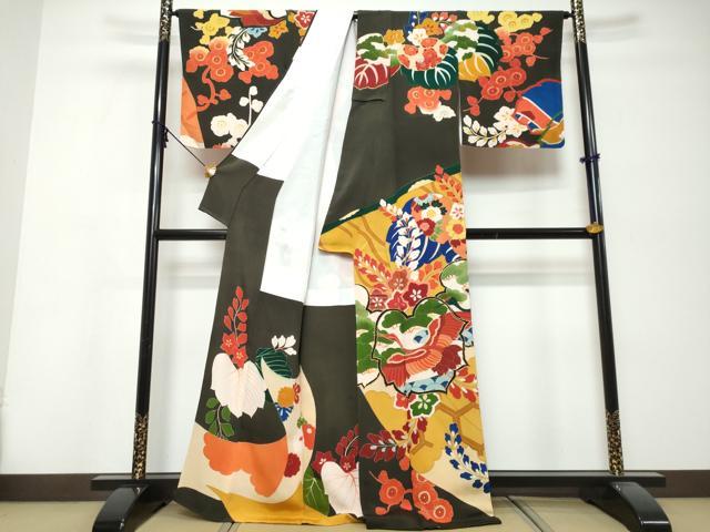平和屋着物●アンティーク 大正ロマン 訪問着 駒刺繍 飛鶴草花文 正絹 逸品 DABK0336ud