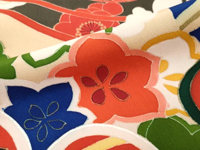 平和屋着物●アンティーク 大正ロマン 訪問着 駒刺繍 飛鶴草花文 正絹 逸品 DABK0336ud
