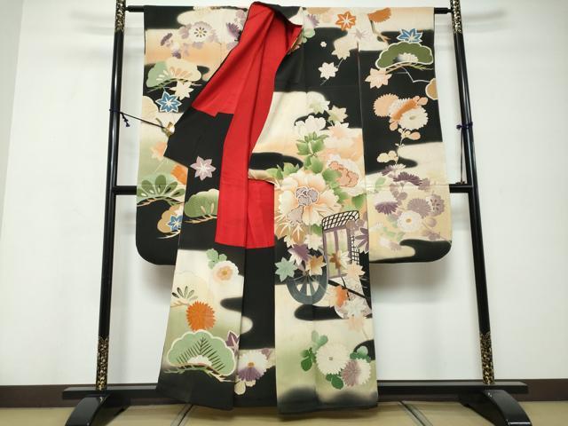 平和屋本店●アンティーク 大正ロマン 振袖 御所車草花文 暈し染め 黒地 金糸 正絹 逸品 DABK0350ud