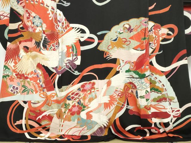 平和屋本店●アンティーク 大正ロマン 振袖 刺繍 扇面飛鶴花文 黒地 正絹 逸品 DABK0351ud