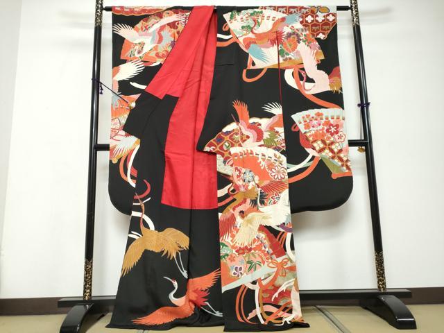 平和屋本店●アンティーク 大正ロマン 振袖 刺繍 扇面飛鶴花文 黒地 正絹 逸品 DABK0351ud