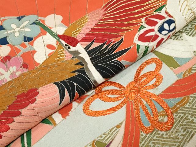 平和屋本店●アンティーク 大正ロマン 振袖 刺繍 扇面飛鶴花文 黒地 正絹 逸品 DABK0351ud