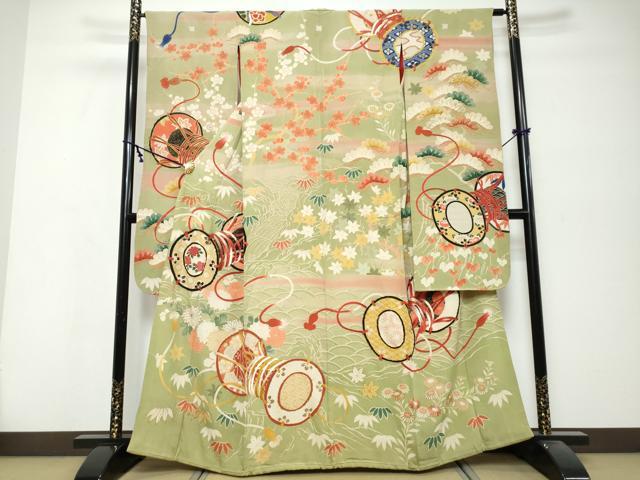 平和屋本店●アンティーク 大正ロマン 振袖 駒刺繍 鼓草花文 正絹 逸品 DABK0352ud