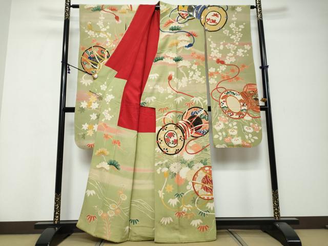 平和屋本店●アンティーク 大正ロマン 振袖 駒刺繍 鼓草花文 正絹 逸品 DABK0352ud